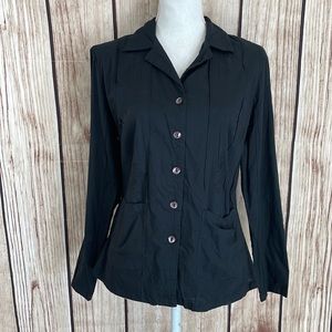 April Cornell Black Cotton Button Down w/Subtle Embroidery Floral Accents MED